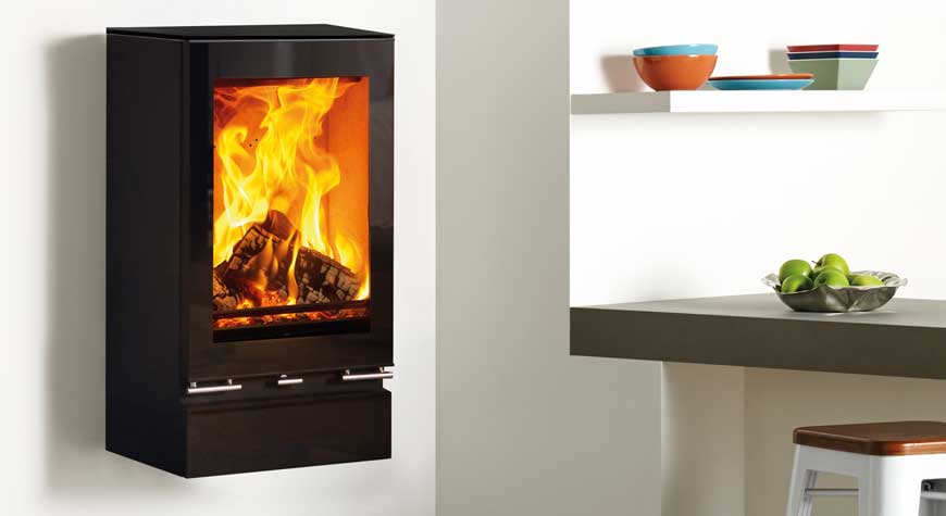 stovax vogue multi-fuel stove hung on wall